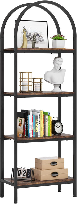 Tribesigns 4-Tier Open Bookshelf, 70.8" Industrial Arched Bookcase Storage Shelves with Metal Frame, Freestanding Display Rack Tall Shelving Unit for Office, Bedroom (Rustic Brown, 1PC) - LeafyLoom