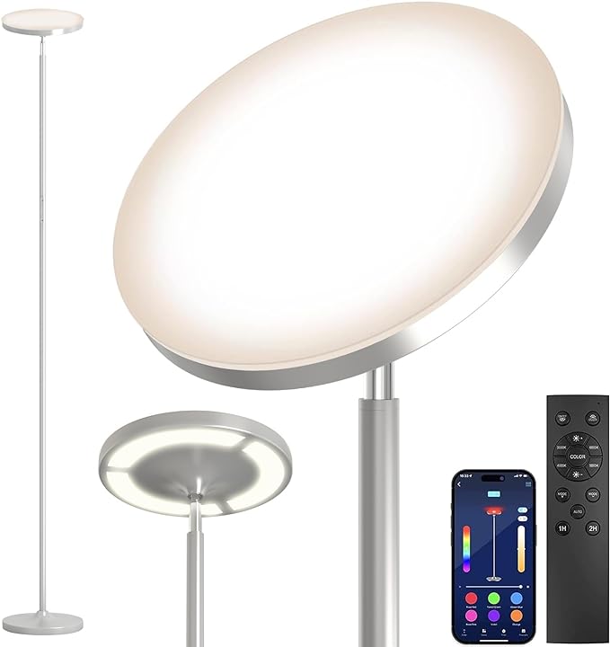 Keepsmile Silver Double Side Lighting LED Floor Lamp with Remote Smart App 36W 2600LM Bright Tall Standing RGB Floor Lamp Angle Multicolor Dimmable Modern Floor Lamps for Living Room Bedroom - LeafyLoom