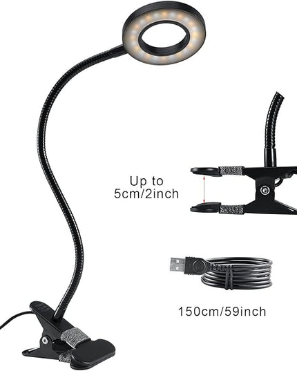 Desk Lamp Clip on Light, Desk Light 48 LED Lamp with 3 Lighting Modes, Dimmable 10 Brightness Levels, 360° Adjustable Gooseneck, Eye-Caring Small Lamp for Bed Headboard Reading（Included Adapter ） - LeafyLoom