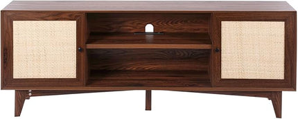VEVOR Rattan TV Stand for 75in TV, Boho TV Stand with Rattan Door, Entertainment Center with Build-in Socket, Storage Cabinet with 2 Shelves, Modern TV Console for Living Room, Media Room, Walnut - LeafyLoom