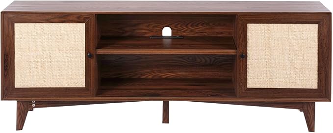 VEVOR Rattan TV Stand for 75in TV, Boho TV Stand with Rattan Door, Entertainment Center with Build-in Socket, Storage Cabinet with 2 Shelves, Modern TV Console for Living Room, Media Room, Walnut - LeafyLoom
