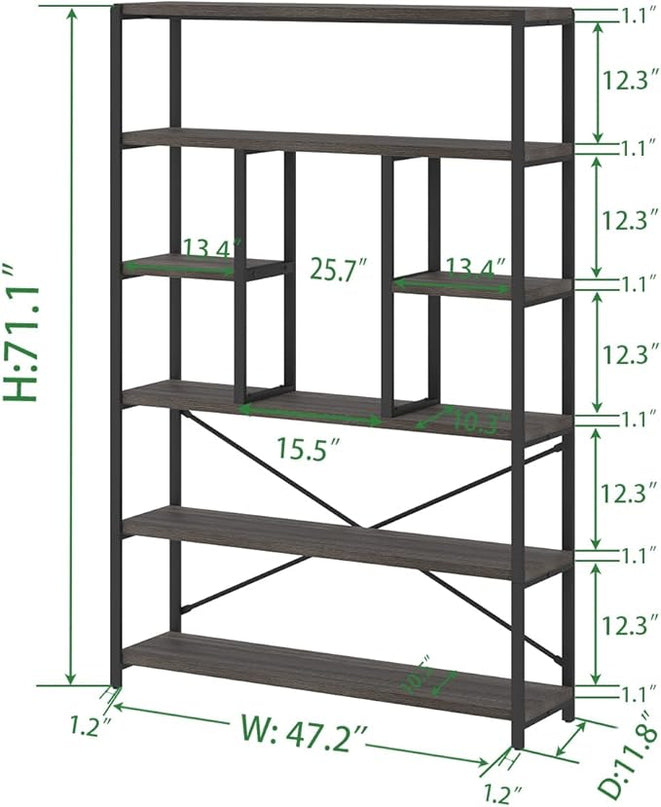 LVB Industrial Tall Bookshelf, Modern Wood Metal 6 Tier Book Shelf, Farmhouse Large 6 Shelf Etagere Bookcase, Open Wide Storage Bookshelves and Bookcases for Bedroom Living Room Office, Dark Gray Oak - LeafyLoom