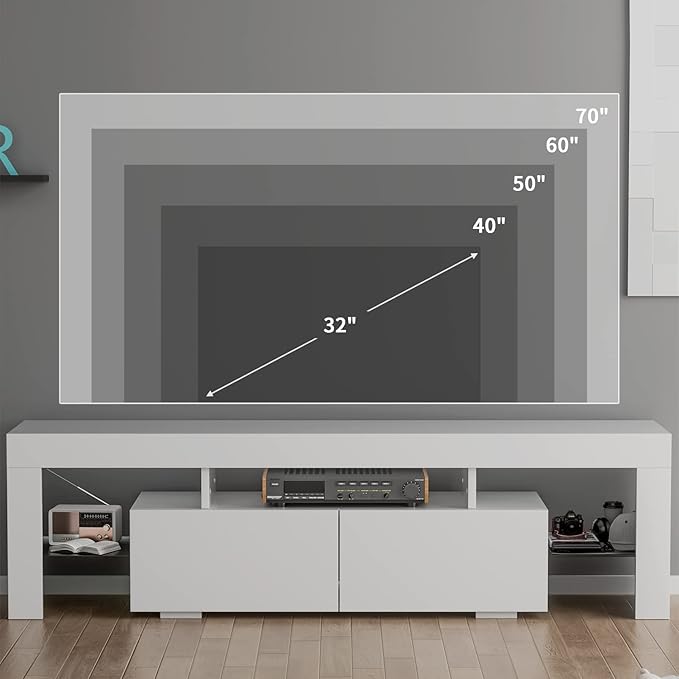 YESHOMY Modern LED TV Stand for Televisions up to 70 Inch with Glass Shelves and Drawer, Gaming Entertainment Center with Multiple Dynamic RGB Modes, for Livingroom, Bedroom, 60 Inch, White - LeafyLoom