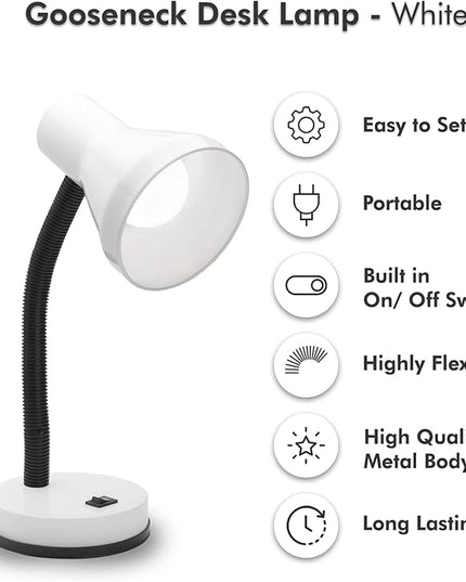 Xtricity Metal Desk Lamp with Adjustable Gooseneck Arm, 6W A19 LED Bulb Included, 120 Volt, Convenient On/Off Switch, 14" Inch Tall (36cm), White Finish - LeafyLoom