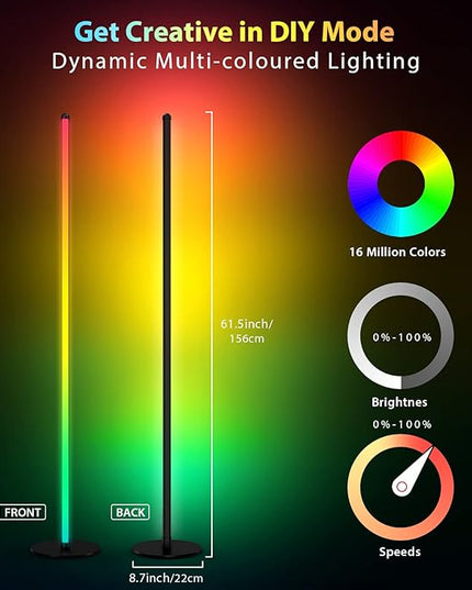 TOCLL LED RGB Corner Floor Lamp 62" Corner Light Color Changing Mood Lamp Dimmable Modern Standing Lamp with Remote Control Music Sync Timing RGB Ambient Light for Living Room, Bedroom, Play Room - LeafyLoom