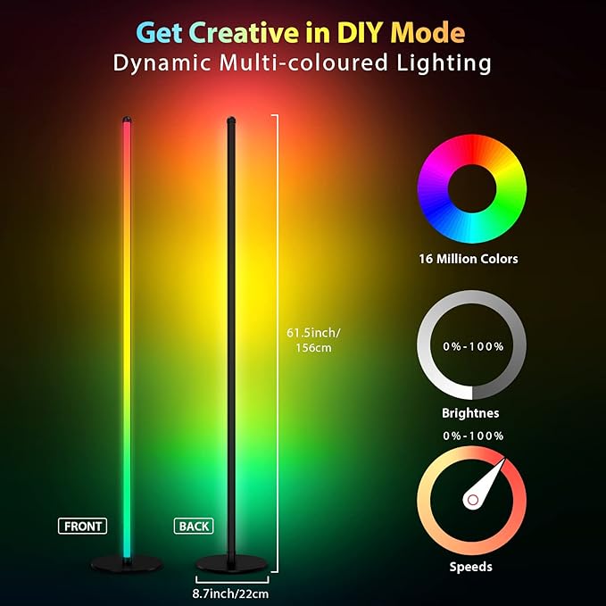 TOCLL LED RGB Corner Floor Lamp 62" Corner Light Color Changing Mood Lamp Dimmable Modern Standing Lamp with Remote Control Music Sync Timing RGB Ambient Light for Living Room, Bedroom, Play Room - LeafyLoom