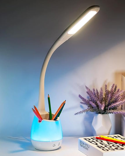 Donewin Rechargeable LED Desk Lamp with Color Changing Light, Pen and Phone Holder - Perfect Study and Reading Lamp for Kids, Teens, and Students - Great Gift for College Dorm Rooms - LeafyLoom
