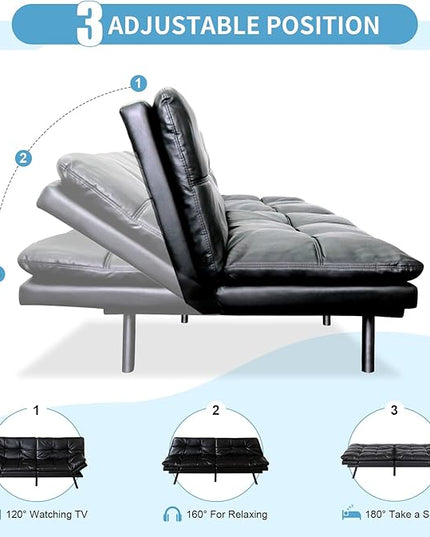 MUUEGM Futon Sofa Bed,Memory Foam Sofa Futon Couch Bed,Convertible 71" Couch Sofa,Faux Leather Sleeper Sofa with Adjustable Backrest for Living Room,Black - LeafyLoom