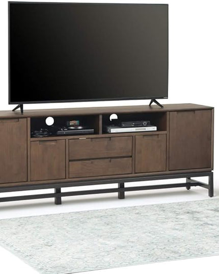 SIMPLIHOME Banting SOLID HARDWOOD 72 Inch Wide Industrial TV Media Stand in Walnut Brown for TVs up to 80 Inch, For the Living Room and Entertainment Center - LeafyLoom
