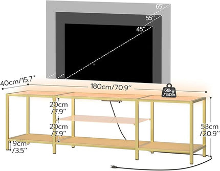 HOOBRO TV Stand with LED Lights and Power Outlets for TVs up to 75", Modern 70.9 Inch Tempered Glass TV Console Table with Open Shelves, Media Entertainment Center for Living Room, Gold GD185UDS01 - LeafyLoom