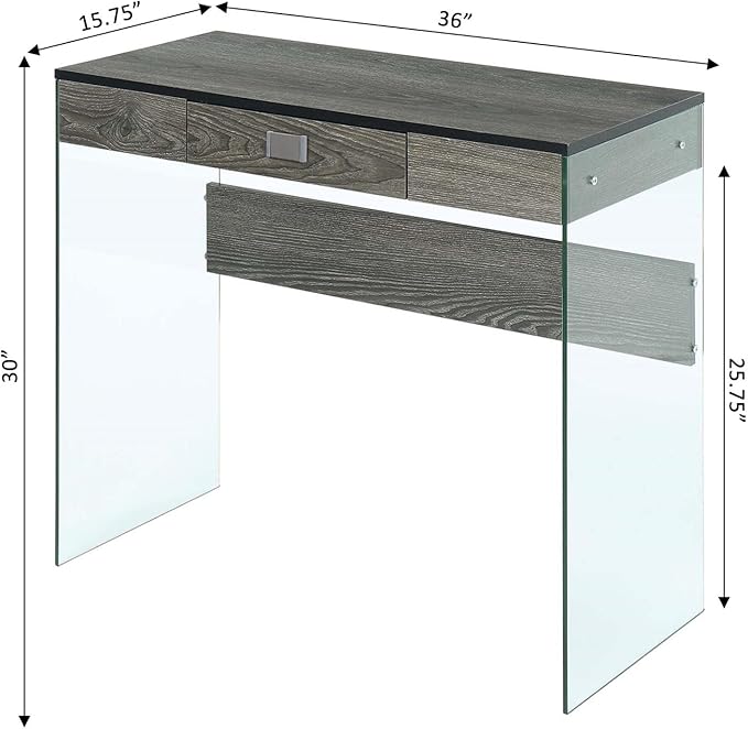Convenience Concepts SoHo 1 Drawer Glass 36 inch Desk, Weathered Gray/Glass - LeafyLoom