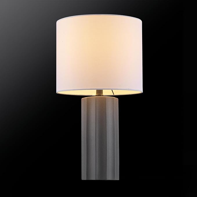 Globe Electric 61000061 20" Ribbed Ceramic Table Lamp, Dark Gray Concrete Finish, White Linen Shade, On/Off Rotary Switch on Socket, for Living Room, Bedroom, Office, Home Décor - LeafyLoom