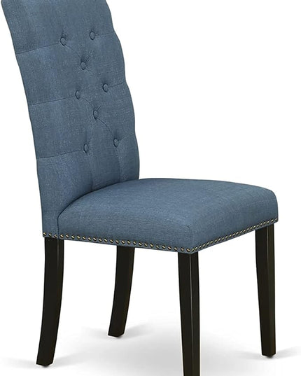 East West Furniture Antique 3 Piece Set Contains a Round Kitchen Table with Pedestal and 2 Blue Linen Fabric Parsons Dining Chairs, 36x36 Inch, Black & Cherry - LeafyLoom