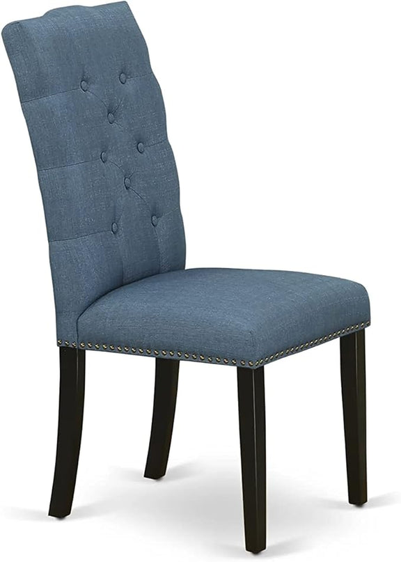 East West Furniture Antique 3 Piece Set Contains a Round Kitchen Table with Pedestal and 2 Blue Linen Fabric Parsons Dining Chairs, 36x36 Inch, Black & Cherry - LeafyLoom