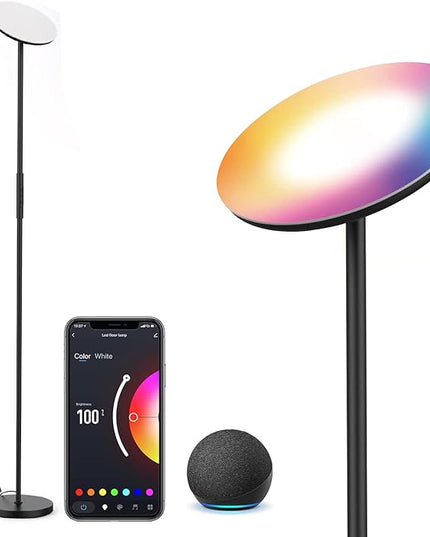 SUNTHIN Floor Lamp,Tuya Smart Floor Lamp Living Room Color Changing with Alexa & Google Home,24W RGBW Dimmable Torchiere Tall Standing Lamp Modern LED Corner Lamp for Bedroom Office Reading Black - LeafyLoom
