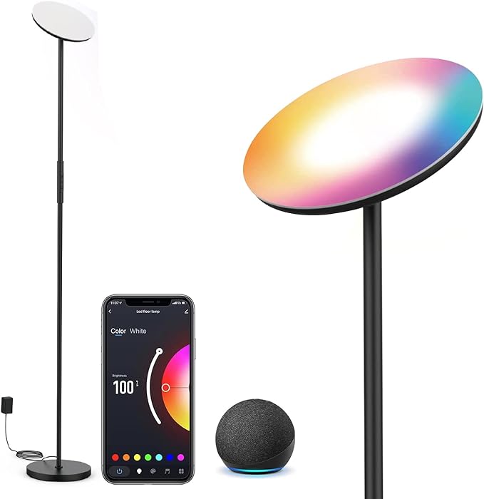SUNTHIN Floor Lamp,Tuya Smart Floor Lamp Living Room Color Changing with Alexa & Google Home,24W RGBW Dimmable Torchiere Tall Standing Lamp Modern LED Corner Lamp for Bedroom Office Reading Black - LeafyLoom