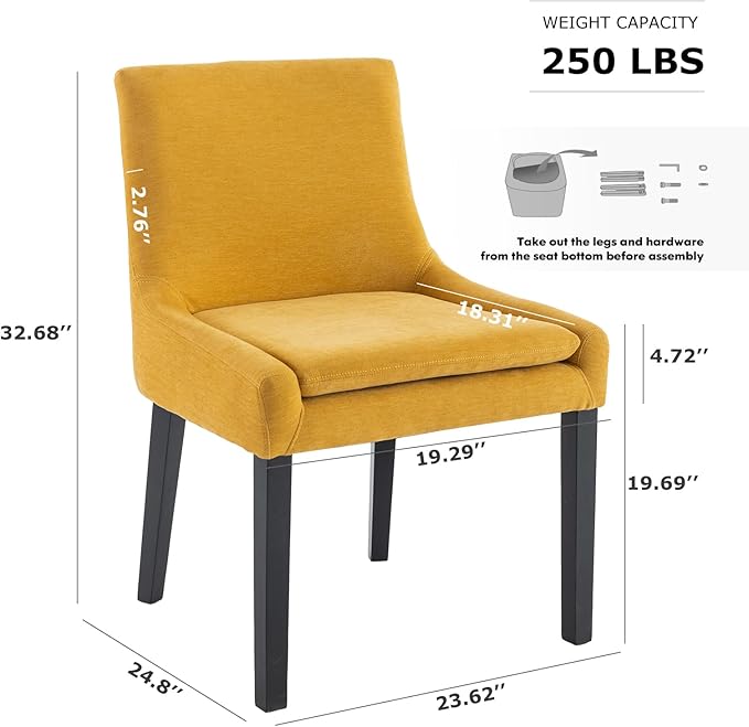 COLAMY Modern Dining Chairs Set of 2, Upholstered Corduroy Accent Side Leisure Chairs with Mid Back and Wood Legs for Living Room/Dining Room-Yellow - LeafyLoom