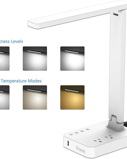 Drevet LED Desk Lamp, Desk Light with 1 USB Charging Port and 2 AC Power Outlet, 3 Lighting Modes, 3 Level Brightness,1H Timer, Touch Control, Eye-Caring Home Office Foldable Table Lamp (White) - LeafyLoom