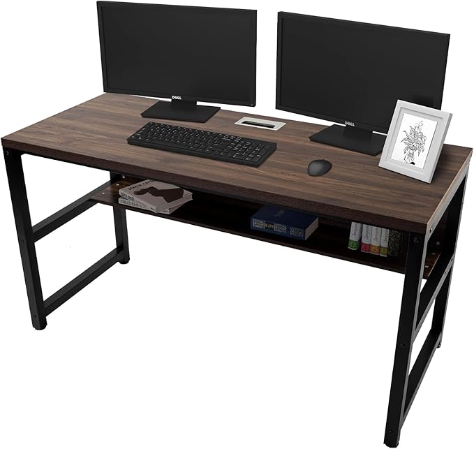 TOPSKY Computer Desk with Bookshelf/Metal Hole Cable Cover 1.18" Thick Desk (Light Walnut, 55") - LeafyLoom