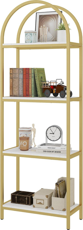 Yusong Bookshelf 4 Tier Arched Bookcase, 71.3" Tall Industrial Open Book Shelves for Living Room, Modern Freestanding Display Shelving Storage Rack Metal Frame, Office, Bedroom,Gold White - LeafyLoom