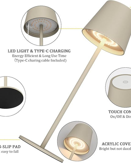 2 Pack Dimmable Table Lamp 3000k Warm White, IP54 Wireless Bottle Lamp for Indoor and Outdoor, 5000 mAh Rechargeable Table Lamp for Family, Restaurant & Bar(Beige) - LeafyLoom