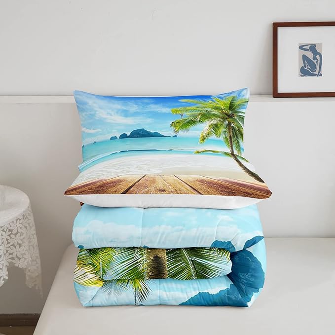 Beach Comforter Set Queen Size Ocean Bedding Set Tropical Palm Tree Hawaii Ocean Duvet Set Sunny Beach Coastal Nature Theme Duvet Set Sea Wave Mountain Brown Wooden Comforter Set 2 Pillowcases, Blue - LeafyLoom