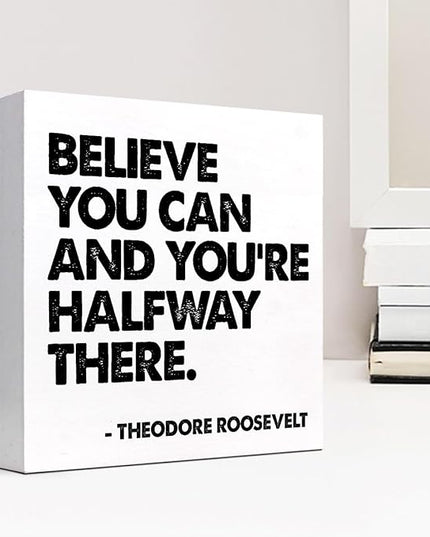 Believe You Can and You're Halfway There Wood Box Signs,Inspirational Wood Plaque Sign Desk Decor,Rustic Positive Wooden Block Sign Decor for Home Office Shelf Table Decoration C1073 - LeafyLoom