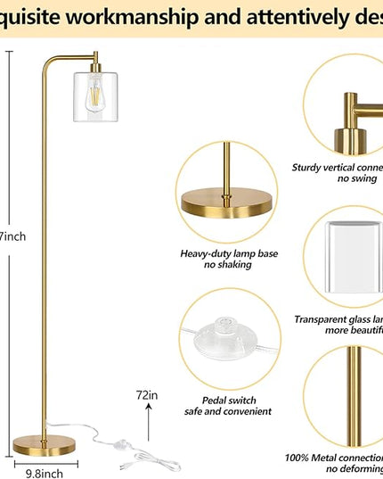QiMH Industrial Floor Lamp for Living Room, Modern Standing Lamp with HD Glass Lampshade and Pedal Switch, 67” Tall Pole Light for Bedroom Study Room, Brushed Gold (2700K LED Bulb Included) - LeafyLoom
