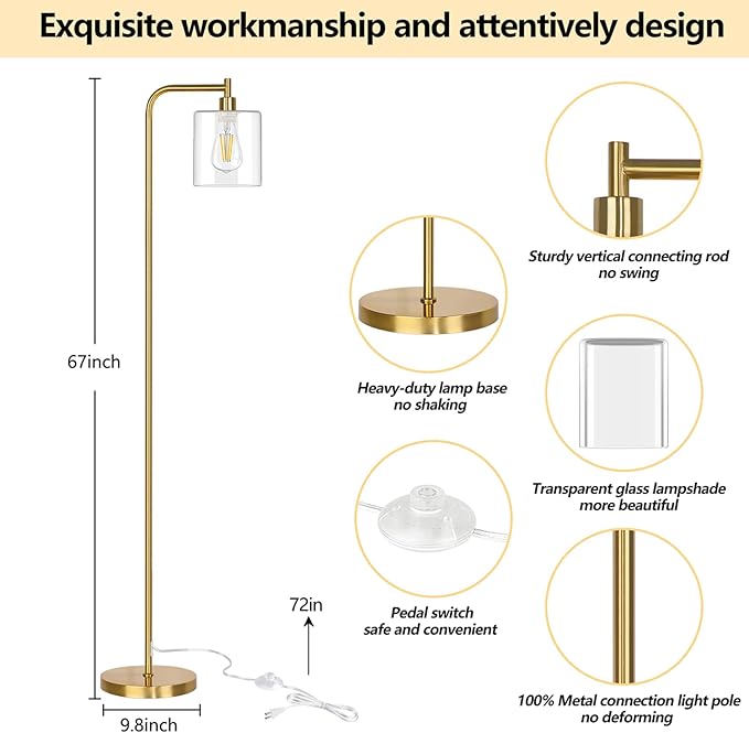 QiMH Industrial Floor Lamp for Living Room, Modern Standing Lamp with HD Glass Lampshade and Pedal Switch, 67” Tall Pole Light for Bedroom Study Room, Brushed Gold (2700K LED Bulb Included) - LeafyLoom