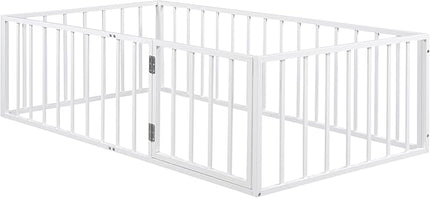 RITSU Twin Size Metal Floor Fence Bed, Montessori Bedframe, with Safety Guardrail and Door, for Children Bedroom, Boys Girls, Apartment, Strong & Durable, Easy to Assemble, White - LeafyLoom