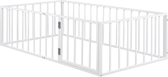 RITSU Twin Size Metal Floor Fence Bed, Montessori Bedframe, with Safety Guardrail and Door, for Children Bedroom, Boys Girls, Apartment, Strong & Durable, Easy to Assemble, White - LeafyLoom