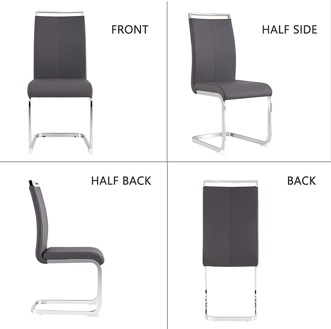 Dining Chairs Set, Kitchen Modern Metal Chairs with Faux Leather Padded Seat High Back and Sturdy Chrome Legs, Chairs for Dining Room (Grey, Set of 6) - LeafyLoom