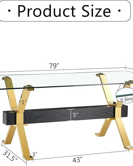 NicBex Dining Table Modern Tempered Glass Dining Table Large Modern Office Desk with Gold Plated Metal Legs and MDF Crossbars, Suitable for Both Home and Office Use, Gold + Black - LeafyLoom