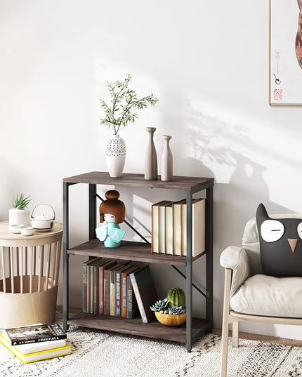 Bookshelf,3-Tier Folding Bookcase,Industrial Book Shelf,Rustic Wood Storage Shelves,Tall Bookshelf,Shelves For Bedroom,Office,Kitchen,Living Room,Study Room,No Assembly Folding Bookshelf,Black - LeafyLoom