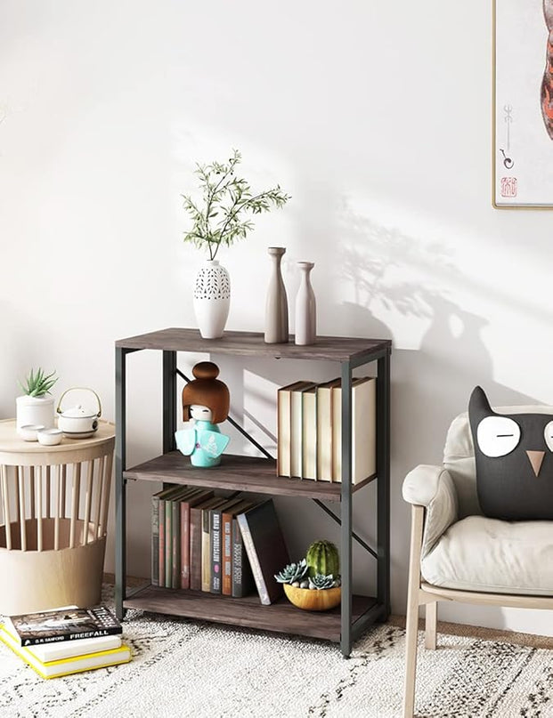 Bookshelf,3-Tier Folding Bookcase,Industrial Book Shelf,Rustic Wood Storage Shelves,Tall Bookshelf,Shelves For Bedroom,Office,Kitchen,Living Room,Study Room,No Assembly Folding Bookshelf,Black - LeafyLoom