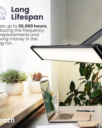 Neatfi Ultra 3,500 Lumen LED Desk Lamp, Color Correlated Temperature, 3 Light Modes, Dimmable, 45W, 26 Inch Wide Metal Shade, 540 SMD LEDs (CCT with Clamp, Black) - LeafyLoom