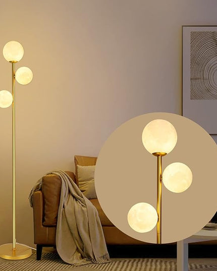 3 Globe Moon Floor Lamp for Living Room, Modern Gold Floor Lamp with 3D Printing Frosted Shade and LED Bulb, Mid Century Standing Lamp, 67" Metal Tall Pole Lamp for Bedroom Girls Room, Dresser, Office - LeafyLoom