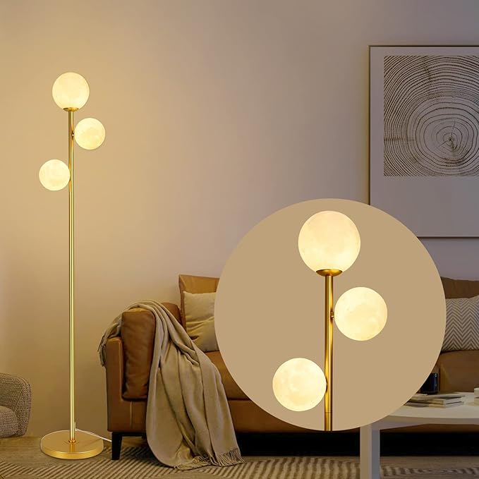 3 Globe Moon Floor Lamp for Living Room, Modern Gold Floor Lamp with 3D Printing Frosted Shade and LED Bulb, Mid Century Standing Lamp, 67" Metal Tall Pole Lamp for Bedroom Girls Room, Dresser, Office - LeafyLoom