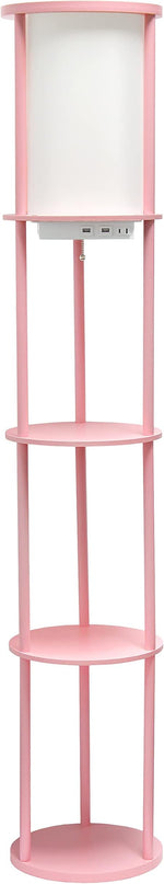 Simple Designs LF2010-LPK 62.5" Round Modern Shelf Etagere Organizer Storage Floor Lamp with 2 USB Charging Ports, 1 Charging Outlet and Linen Shade for Living Room Bedroom Office, Light Pink - LeafyLoom