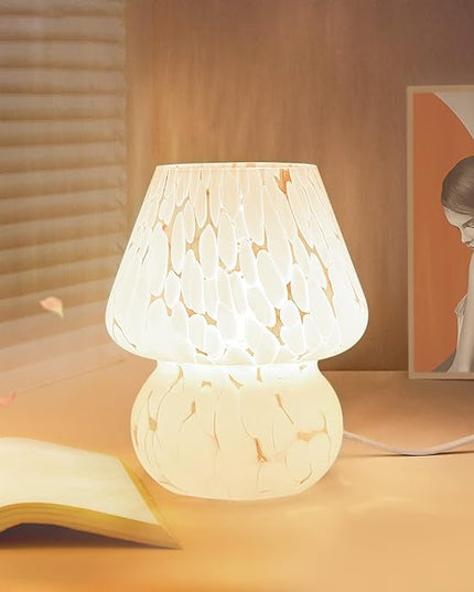 Cute Mushroom Lamp Small Bedside Table Lamp Set of 2 Stepless Dimmable, Translucent Glass White Nightstand Lamp for Bedroom Dorm Kids Room Living Kitchen, Murano Aesthetic Home Decor Gift - LeafyLoom