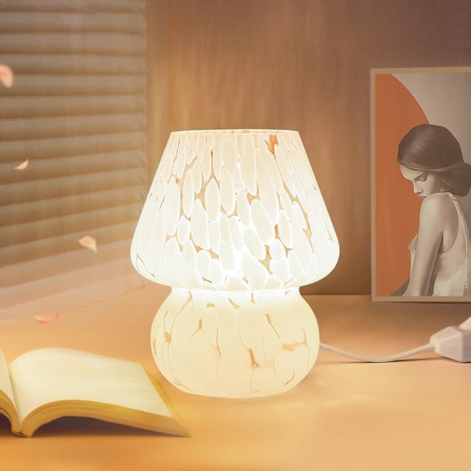 Cute Mushroom Lamp Small Bedside Table Lamp Set of 2 Stepless Dimmable, Translucent Glass White Nightstand Lamp for Bedroom Dorm Kids Room Living Kitchen, Murano Aesthetic Home Decor Gift - LeafyLoom