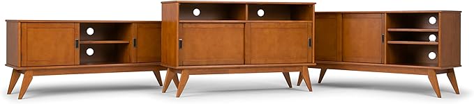SIMPLIHOME Draper SOLID WOOD Universal TV Media Stand, 60 Inch Wide, Modern Industrial, Living Room Entertainment Center, for Flat Screen TVs up to 70 Inch in Teak Brown - LeafyLoom