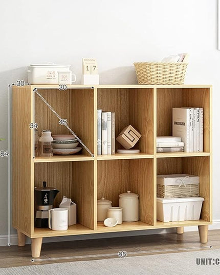 IOTXY Freestanding Open Cubes Bookcase - 2-Tier Floor Standing Wooden Storage Display Cabinet Organizer with Legs for Home Office, 6-Cubes Open Shelf Low Short Bookshelf, Oak - LeafyLoom