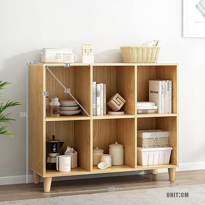 IOTXY Freestanding Open Cubes Bookcase - 2-Tier Floor Standing Wooden Storage Display Cabinet Organizer with Legs for Home Office, 6-Cubes Open Shelf Low Short Bookshelf, Oak - LeafyLoom
