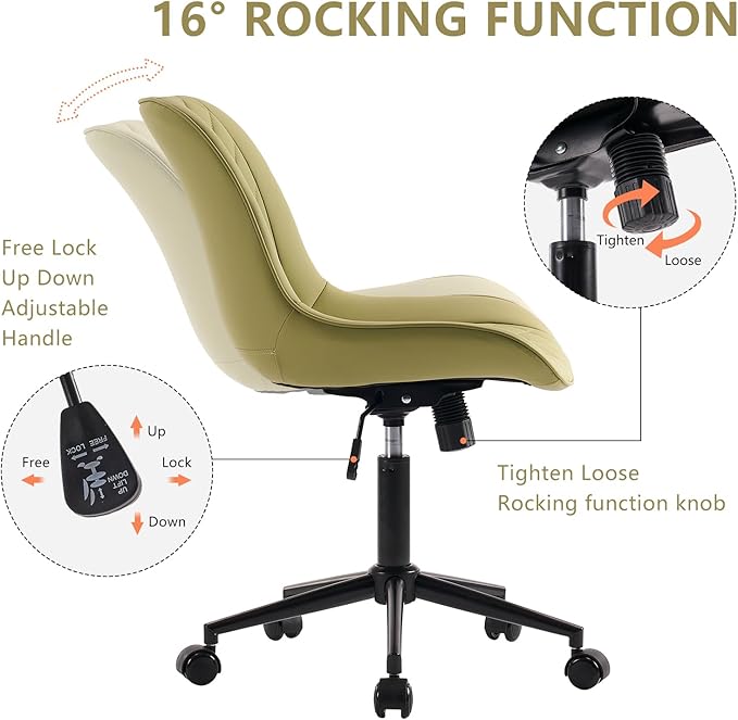 YOUNIKE Armless Office Chair with Wheels, Swivel Desk Chair Rolling Task Chair with Back, Upholstered Leather Computer Chair, Height Adjustable Modern Vanity Chair Avocado Green - LeafyLoom
