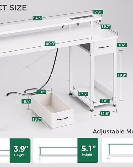 AODK Gaming Desk with LED Lights & Power Outlet, 55 Inch Computer Desk with Drawer, Reversible Desk with Adjustable Monitor Shelf & Headphone Hook for Home Office, White - LeafyLoom