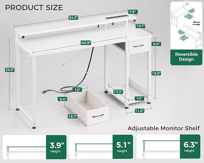 AODK Gaming Desk with LED Lights & Power Outlet, 55 Inch Computer Desk with Drawer, Reversible Desk with Adjustable Monitor Shelf & Headphone Hook for Home Office, White - LeafyLoom