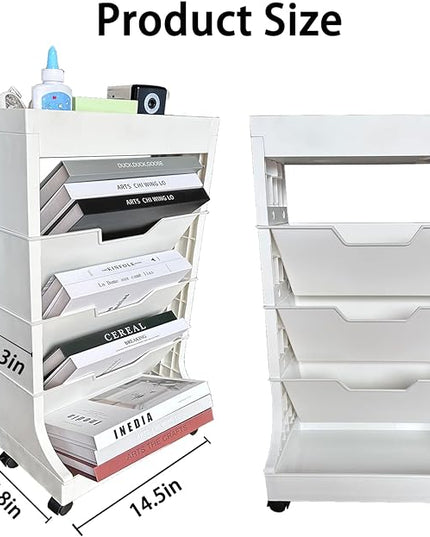 5 Tier Rolling Book Utility Cart, Removable Movable Bookshelf Organizer with Wheels, Storage Book Shelves, Book Rack, Mobile White Bookcase for Study in Classroom Home School Office - LeafyLoom