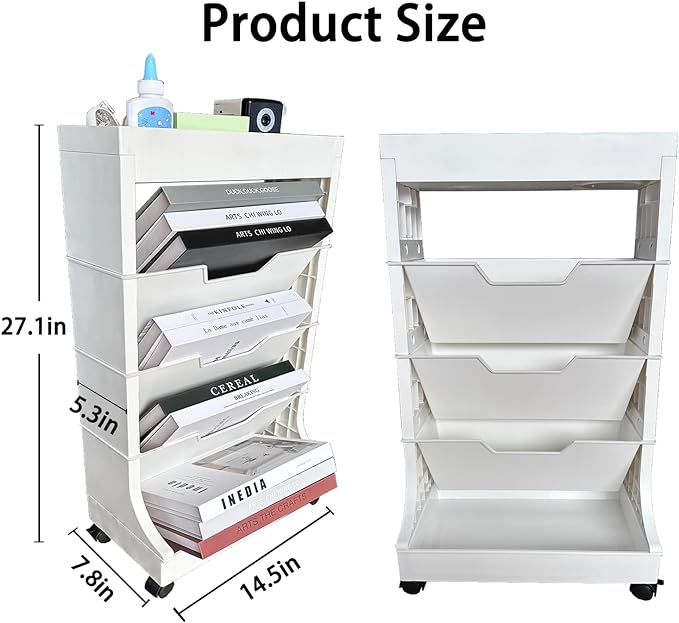 5 Tier Rolling Book Utility Cart, Removable Movable Bookshelf Organizer with Wheels, Storage Book Shelves, Book Rack, Mobile White Bookcase for Study in Classroom Home School Office - LeafyLoom