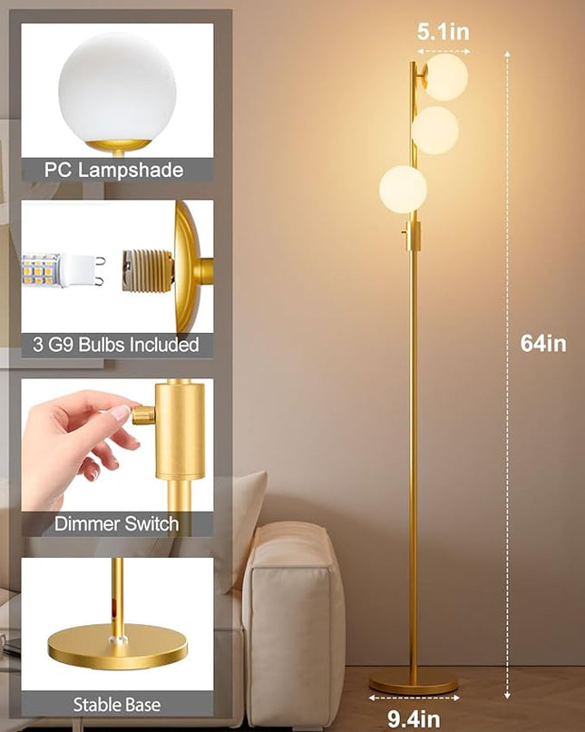 Lightdot Dimmable (Brightness Adjustable) Globe Floor Lamp, Gold Pole Standing Lamps with 3PCS 3000K G9 Bulbs, Mid Century Modern Floor Lamp for Living Room - LeafyLoom